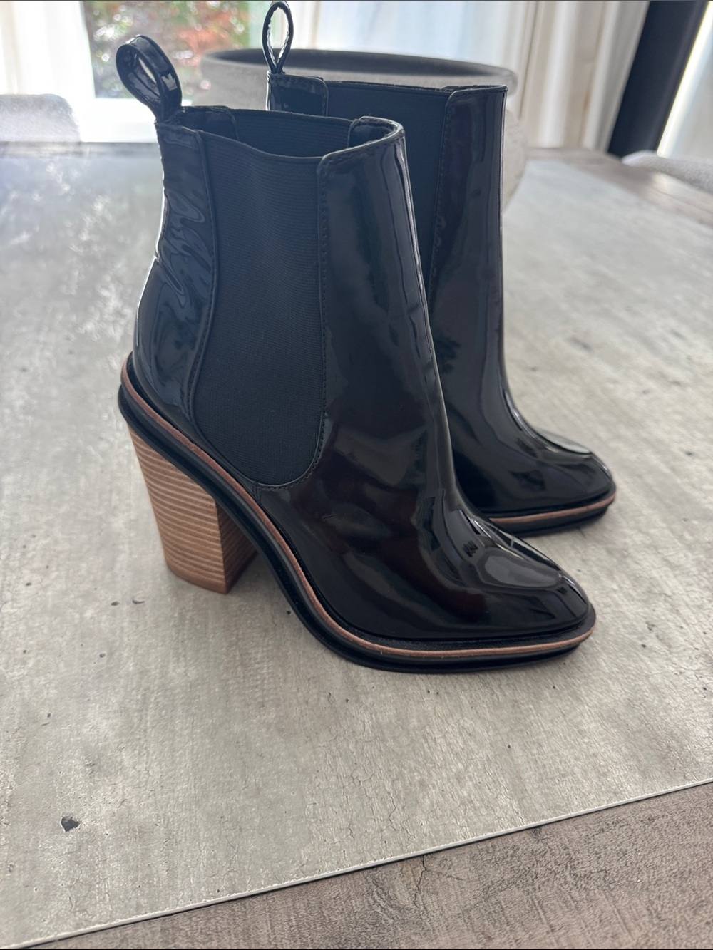 Aldo Black Patent Chelsea Booties with Stacked Tan Block Heel